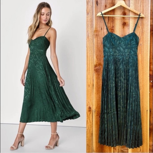 🌿 Emerald Green Floral Bustier Pleated Satin Slip Midi Dress 🌿 - Picture 1 of 10